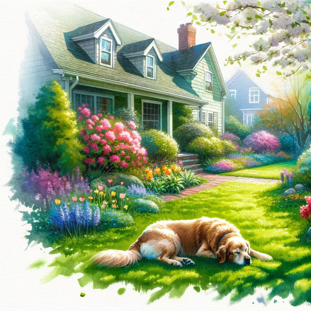 Ein Hund liegt in einem malerischen Garten