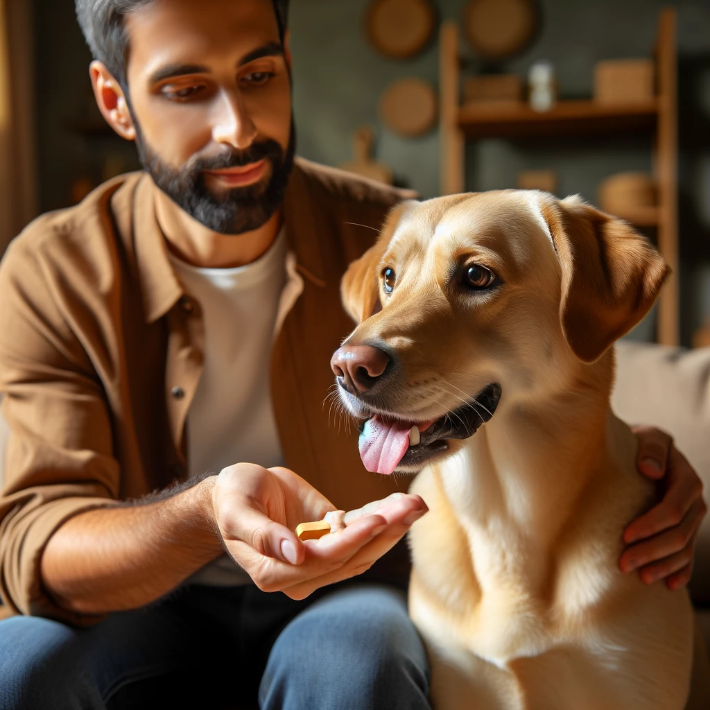 Ein Mann hält ein Leckerli in der offenen Hand, um seinen Hund zu belohnen