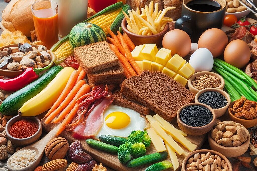Viele spurenelementreiche Lebensmittel auf einem Holzbrett, z.B. Brot, Ei, Käse, Milch, Nüsse, Gemüse