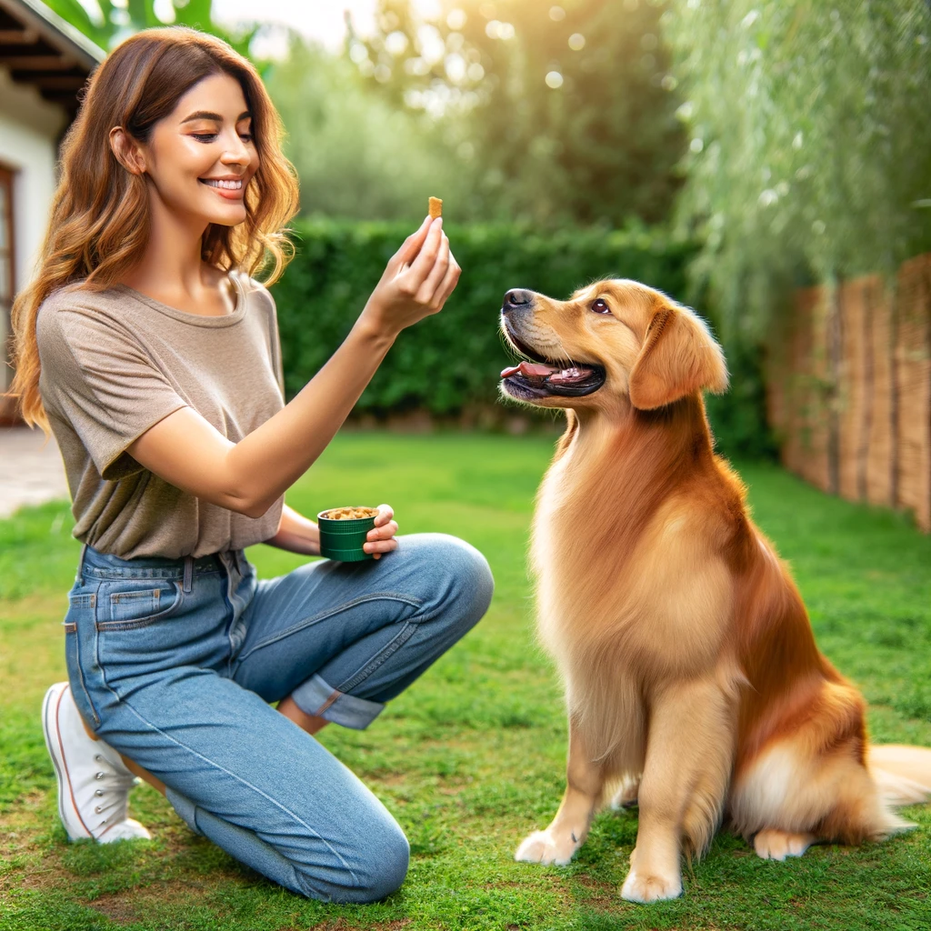Eine Frau kniet in einem Garten vor ihrem Hund und hält ein Leckerli zwischen den Fingern, um ihren Hund zu belohnen