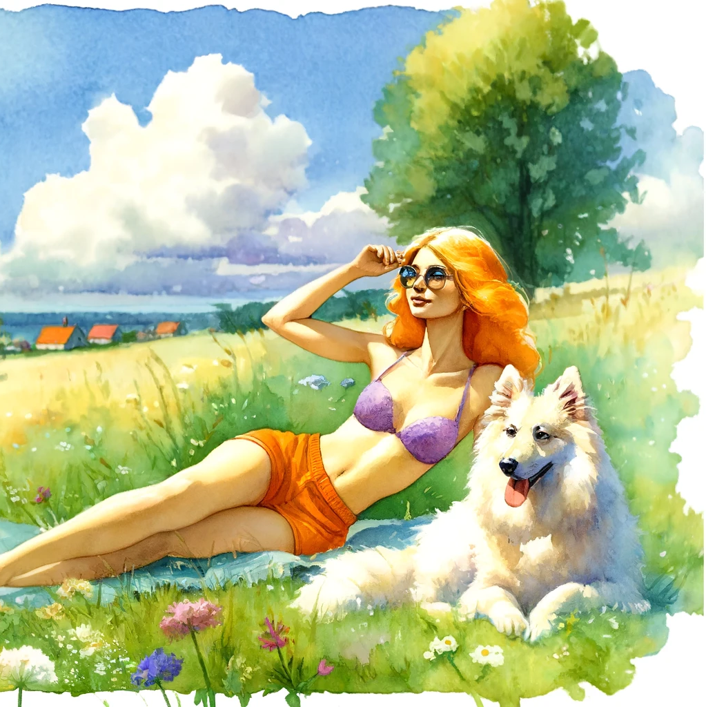 Eine Frau liegt mit ihrem weißen Hund auf einer Wiese in der prallen Solle